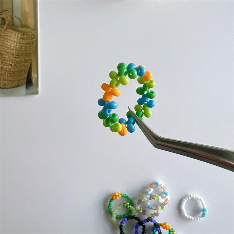2025 Summer Macaron Color Beaded Flower Ring - Korean Porcelain Women's Jewelry