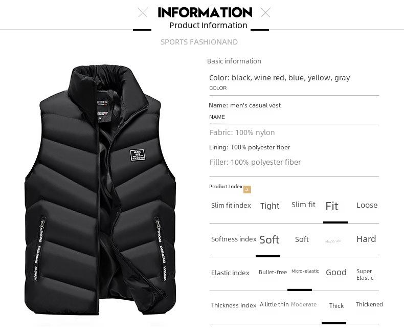 Men's Slim Fit Stand-Up Collar Thick Solid Color Down Cotton Jacket for Fall/Winter - Large Size Casual Vest