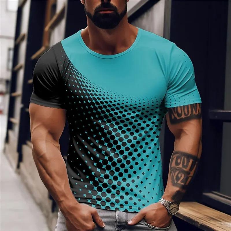 Summer Round Neck 3D Gradient Colorful Print Top Fashionable Casual Short Sleeved Men's T-shirts