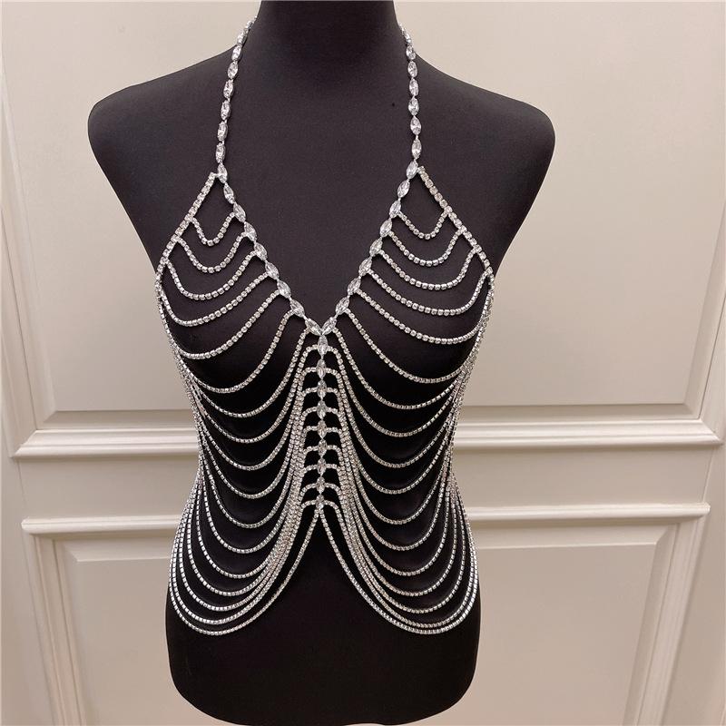 Sexy Rhinestone Body Chains Belly Summer Beach Harness Bra Chain Fashion Charm Chain Body Accessories Jewelry for Women