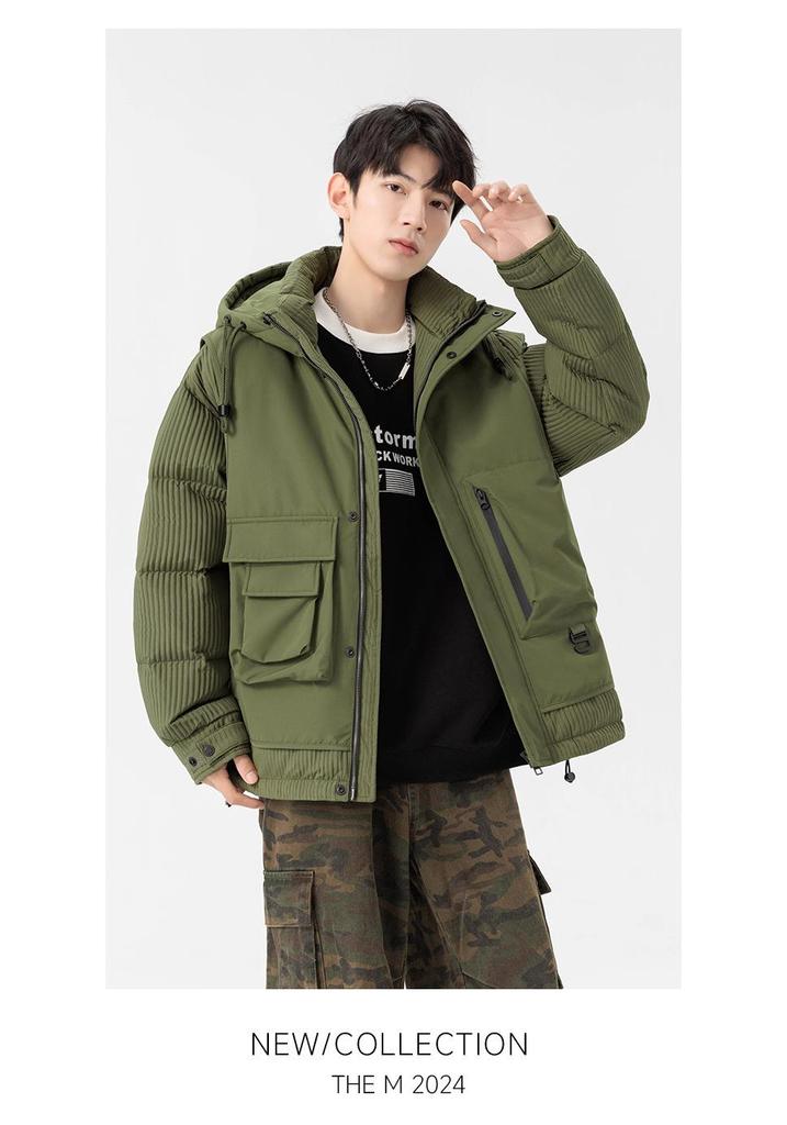 Men's Winter Faux Two-Piece Hooded Down Coat with 3D Pockets - 85% White Duck Down, Warm and Loose Fit.