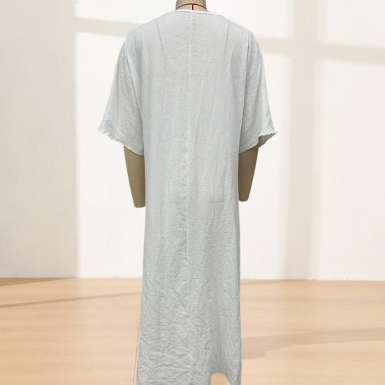 Damen Baumwolle Leinen Langes Kleid Fledermaus Kurzarm V-Ausschnitt Tunika Kleid Sommer Hoher Schlitz Fließendes Strand-Sonnenkleid