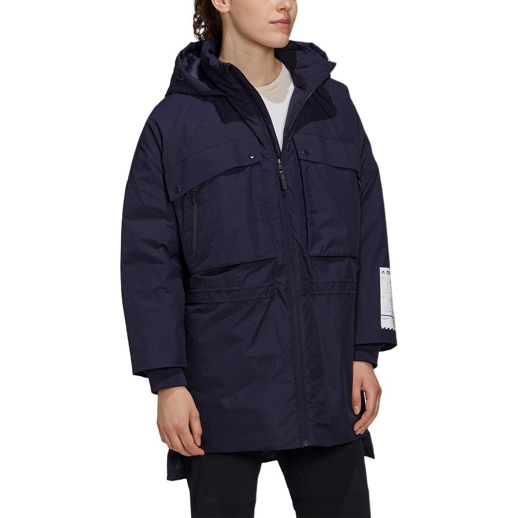 adidas Solid Color Mid-Length Casual Hooded Down Jacket Women Outerwear Blue GE9970