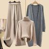 Women's Autumn 2024 Three-Piece Set: Mid-Length Cardigan Jacket, High-Neck Sweater, and Slim Wide-Leg Pants