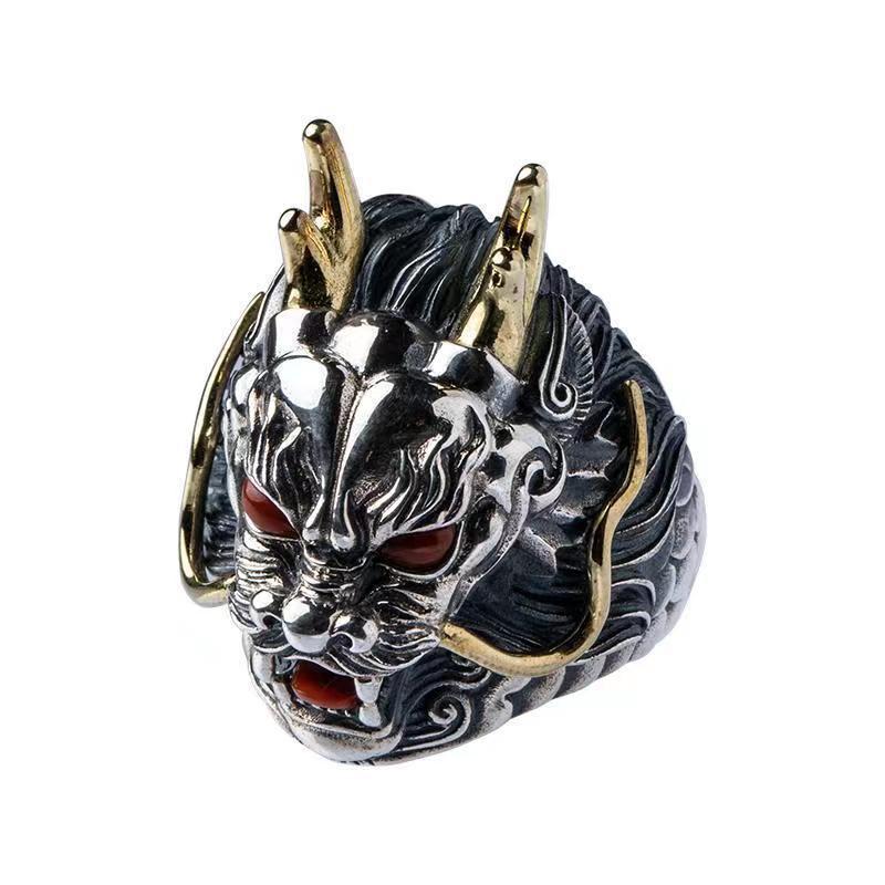Retro Domineering Dragon Mens Rings Trendy Retro High-End Turquoise Southern Red Tourmaline Ring Adjustable Jewelry