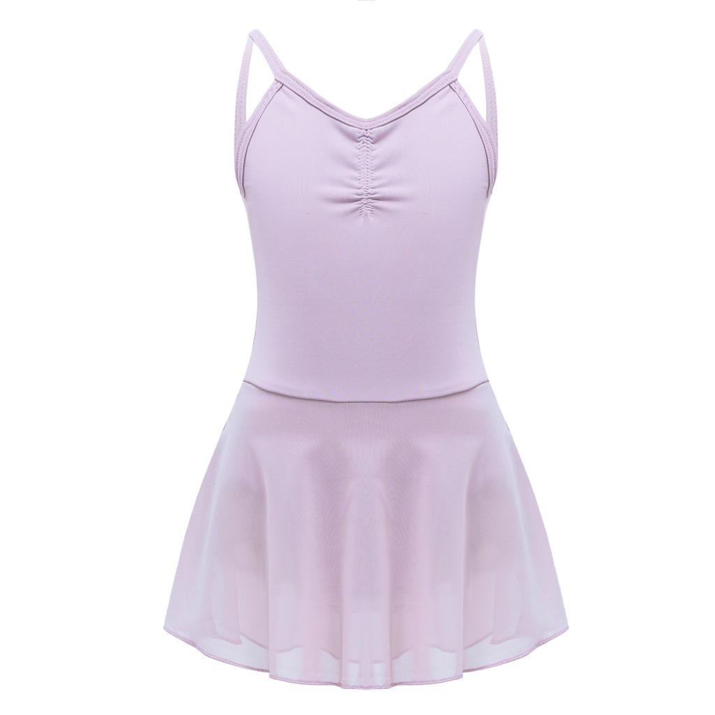 Girls Ballet Dance Dress Ruched Backless V Neck Suspenders Solid Color Exam Costume
