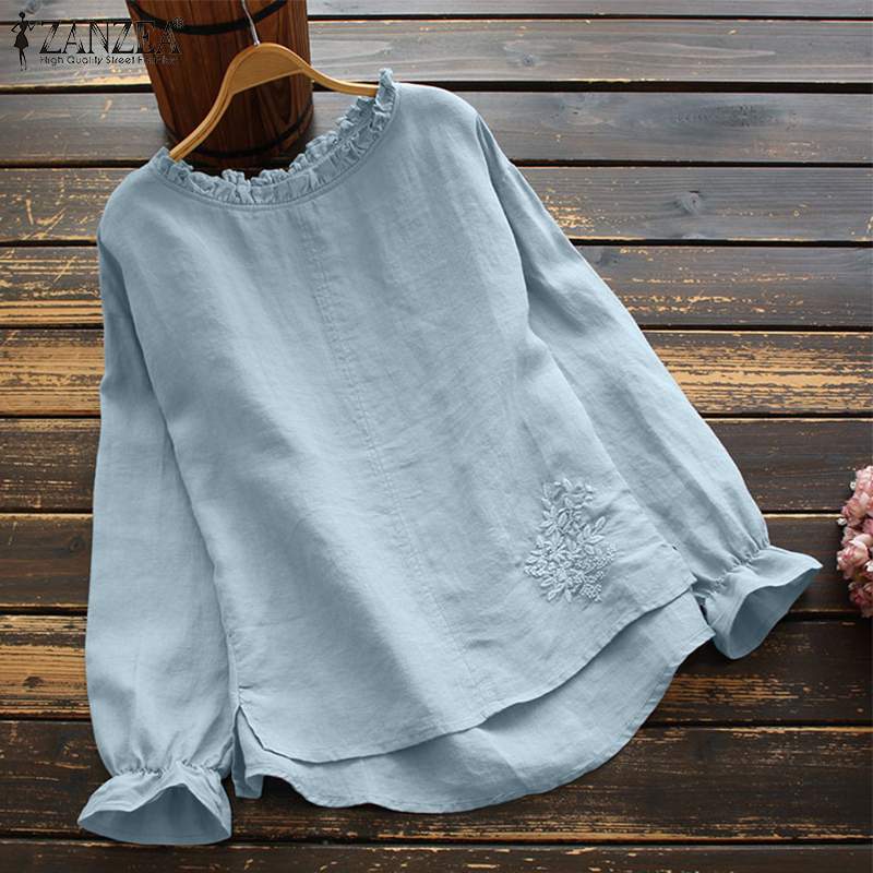 Casual Round Neck Long Sleeved Ruffle Embroidered Shirt Women's Top