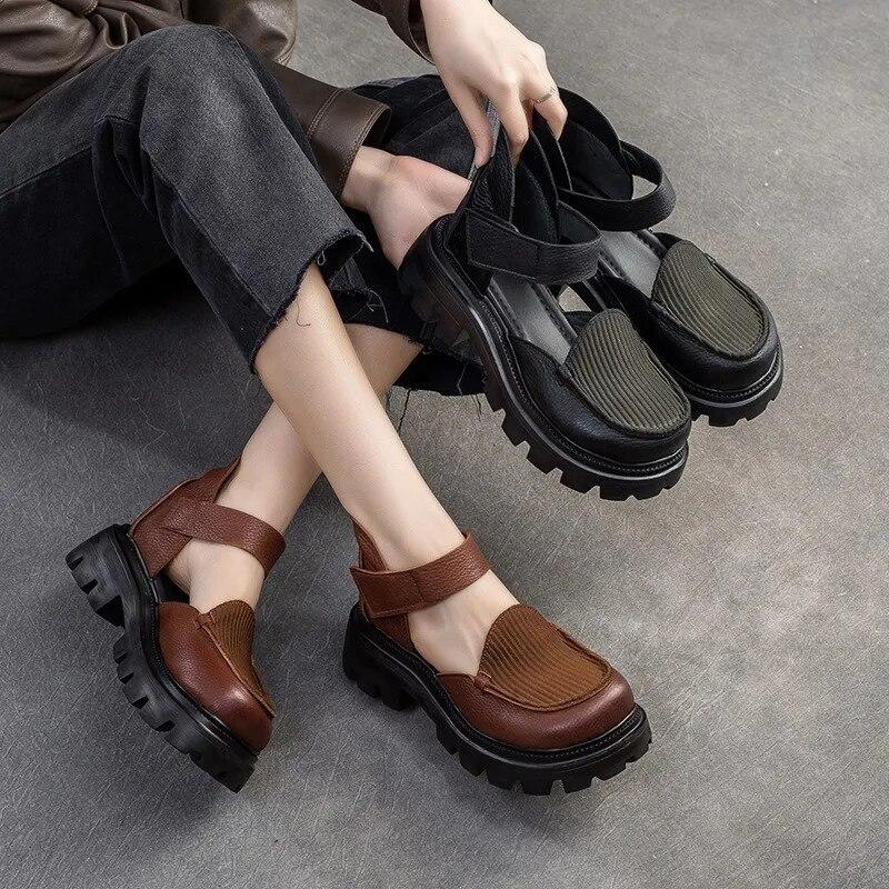 Johnature Sandali retrò con suola spessa Scarpe da donna versatili con chiusura a strappo in vera pelle