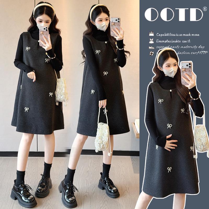 2025 Winter French Chic Beaded Bow Wool Maternity Dress M