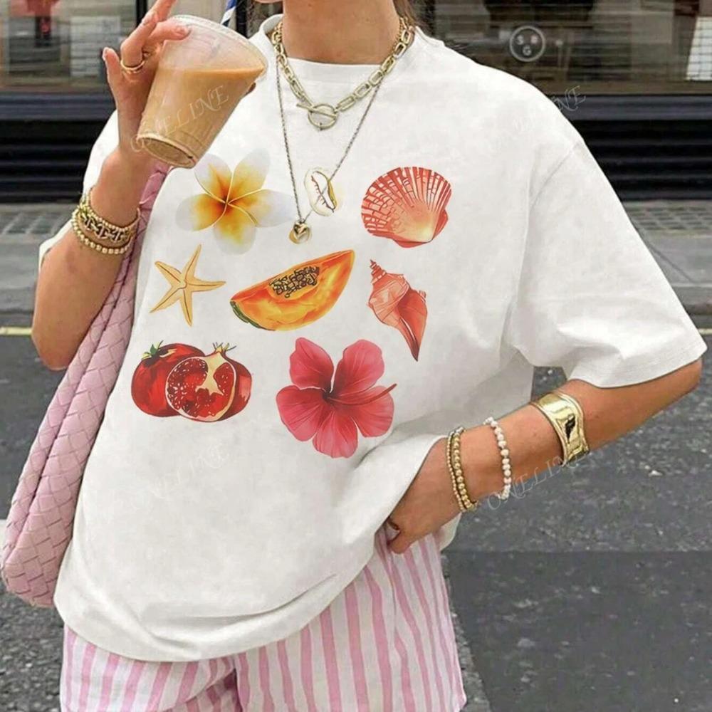 

Seashell Fruit and Flower Print Women s Spring Summer Fashion Casual Versatile Vacation Style Sleeve T Shirt Clothes 3XL