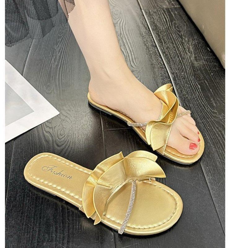 

Golden beach one-word sandals new women s summer wear high-end flat-bottomed lotus leaf slippers 40 золотой