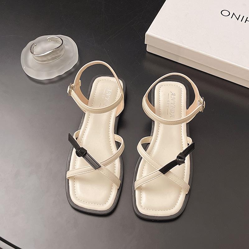 Roman Sandals Women's 2025 New Summer French High-end Skirt One-word Belt Low-heeled Flat Beach Shoes