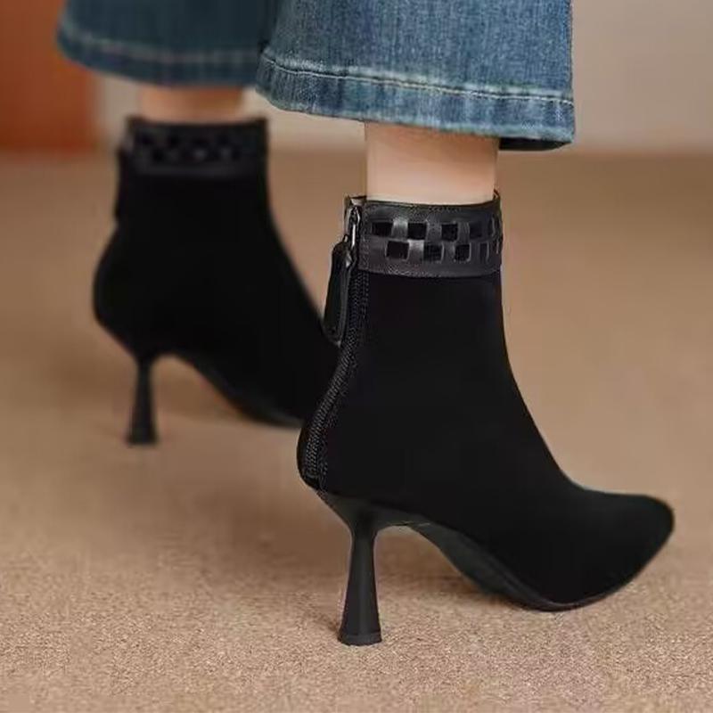 

Женские ботильоны на высоком каблуке с острым носком, роскошная обувь для женщин, замшевые сексуальные туфли-лодочки, новинка 2025 года, зимние короткие ботильоны для женщин 39 чёрный