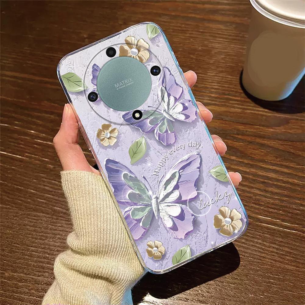 Rose Flower Lavender Oil Painting Phone Case For Honor X9c X9b X9a X8a X8b X8c X7a X7b X7c X6b X7c X7d Transparent Clear Cover