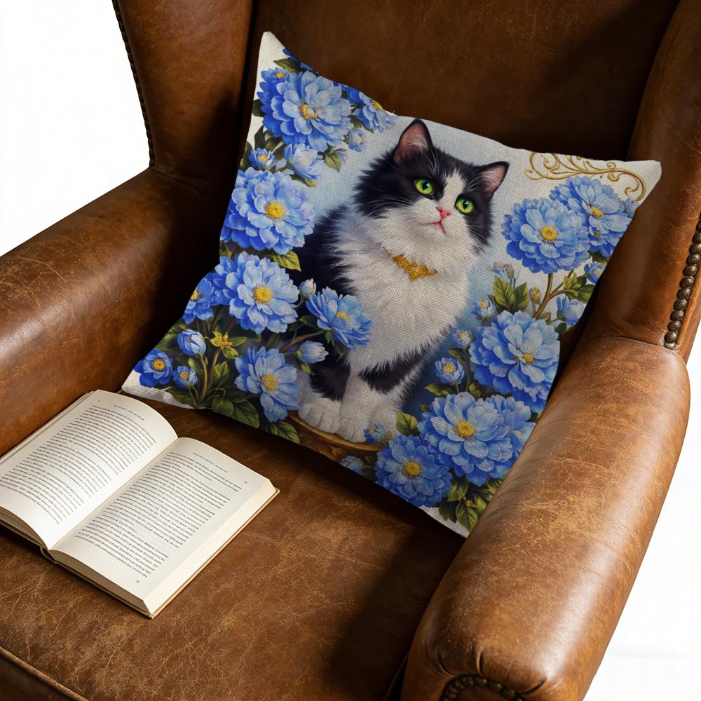 Cushion Cover Blue Floral Cat Print Decorative Pillowcase For Living Room Bedroom Window Seat