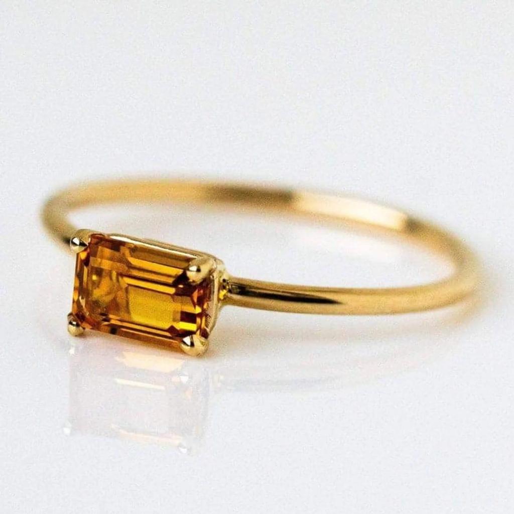 Yellow Gold Plated Citrine Ring: Baguette November Birthstone Solitaire Ring: Minimalist Bridal Wedding Jewelry Gift for Her
