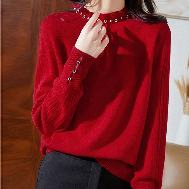 Женские свитера пуловеры 2025 Осень-Зима Длинный рукав О-образный вырез Черный вязаный свитер Женские топы пуловер JJ108 One Size красный 1690₽