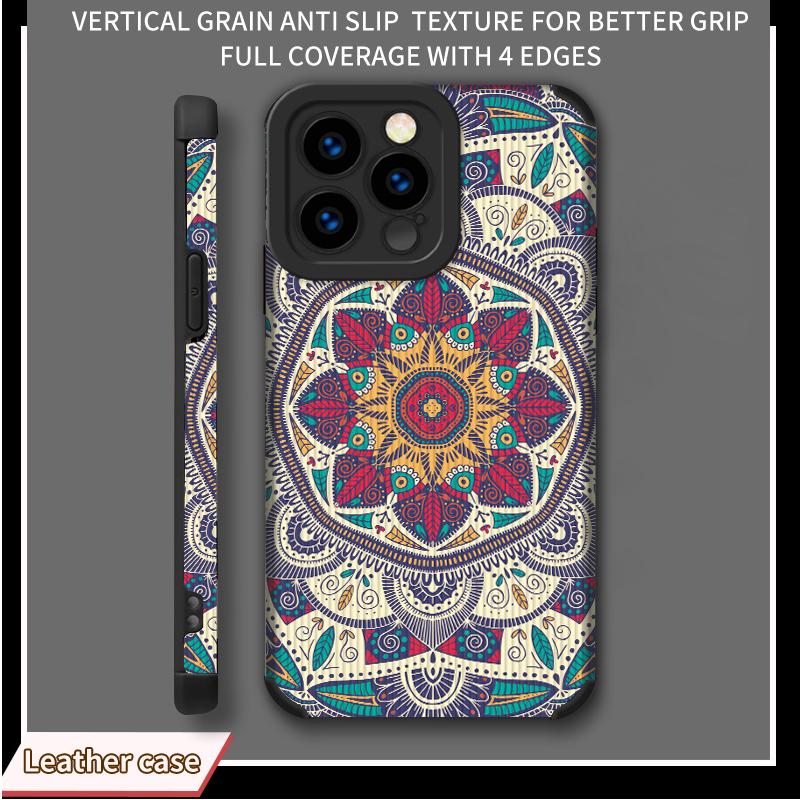 

Чехол из кожи с вертикальным зернистым узором и рисунком мандалы, противоударный, мягкий силиконовый, с полной защитой объектива камеры для iPhone iPhone 16 чёрный