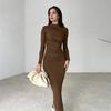 Bodycon Dress for Women Mock Neck Long Sleeve Midi Dress Ruched Slim Fit Party Cocktail Formal Dress Fall Wedding Guest Dress