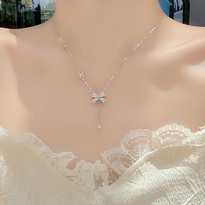 Silver Bow Knot Pendant Necklace Adjustable Y-Shaped Zircon Jewelry