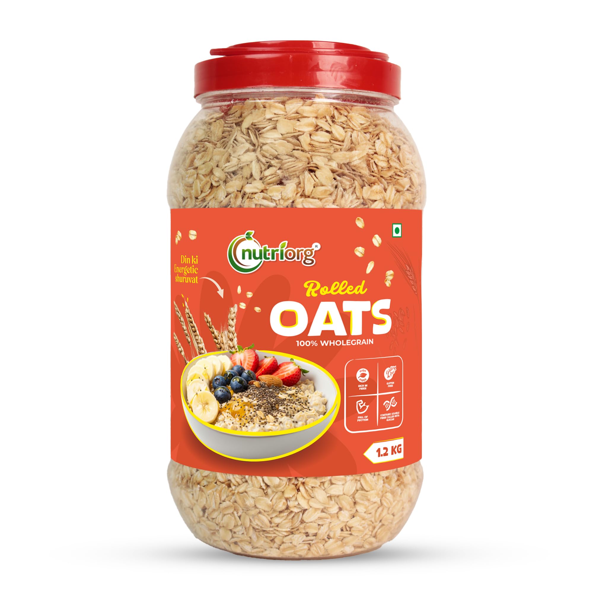 Nutriorg Rolled Oats 1.2 Kg | Gluten Free | High protein | Weight loss | Fibre Rich | Easy to Cook | Overnight Oats | Nutritional Breakfast Cereal