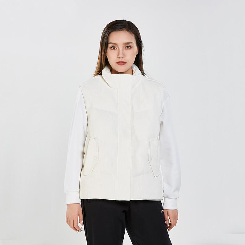 Li Ning Sports Trend Series Fashion Casual Stand Collar Solid Color Loose Vest Women Vests Off-White AMRU034-1