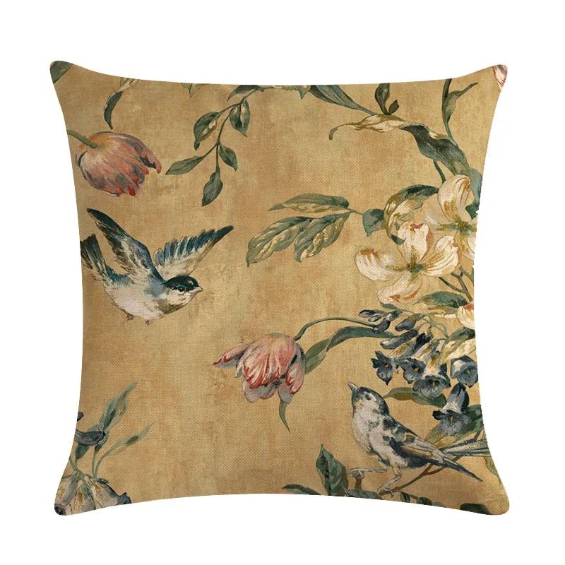 American Country Flower Bird Series Flax Embrace Pillowcase Home Sofa Adornment Cushion Cover 45*45cm