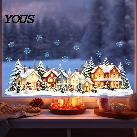 Seasonal Home Decoration Christmas Snow Village Static Window Cling, Glowing Warm Scenery Sticker Snowy Wall Decals for Glass, Snowman House