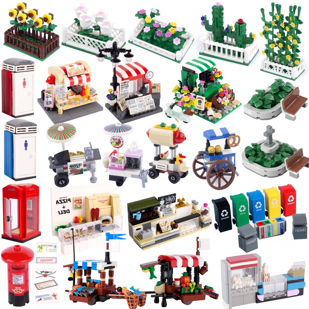 MOC Essensstand Bausteine Telefonzelle Toilette Stadt Straßenszene Pizza Hot Dog Eiswagen DIY Blumenbeet Kirche Steine Spielzeug