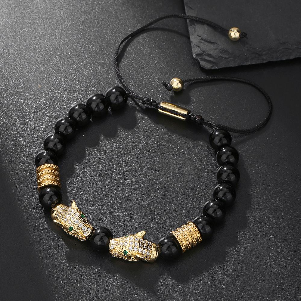 A men's handmade beaded braided bracelet, leopard head vintage jewelry suitable for men's daily wear