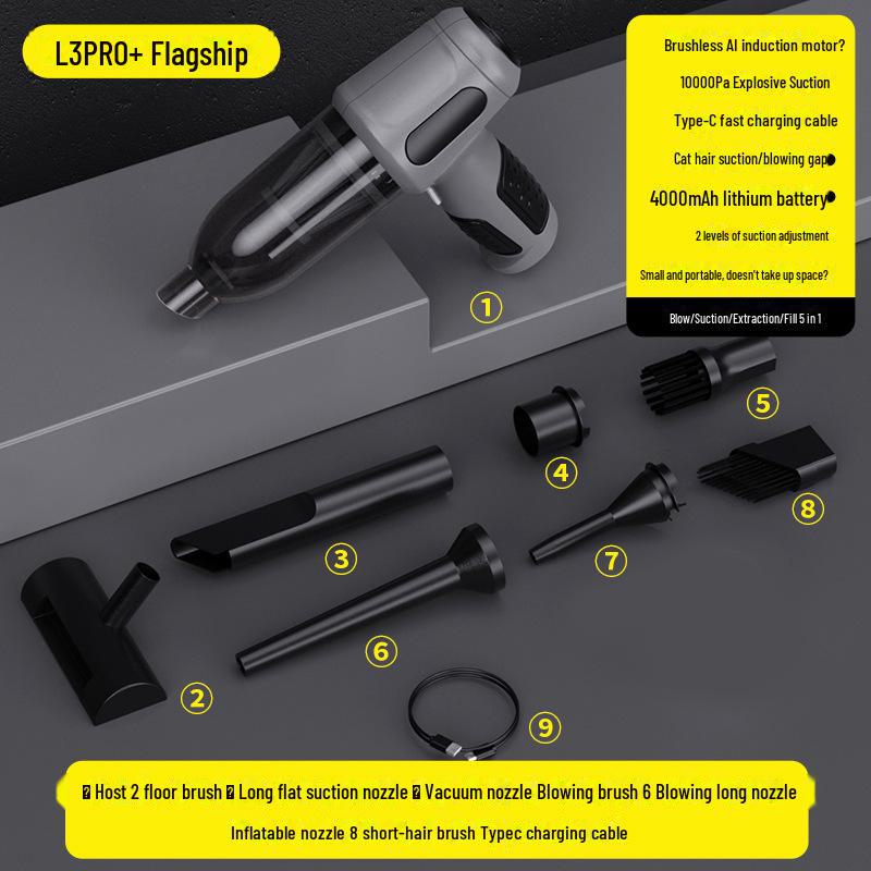 

Ручной беспроводной автомобильный и домашний пылесос со встроенной функцией всасывания и выдува, многофункциональный и многоцелевой, с высокой производительностью. Brushless motor with upgraded suction - Blowing and suction machine + wide nozzle серый