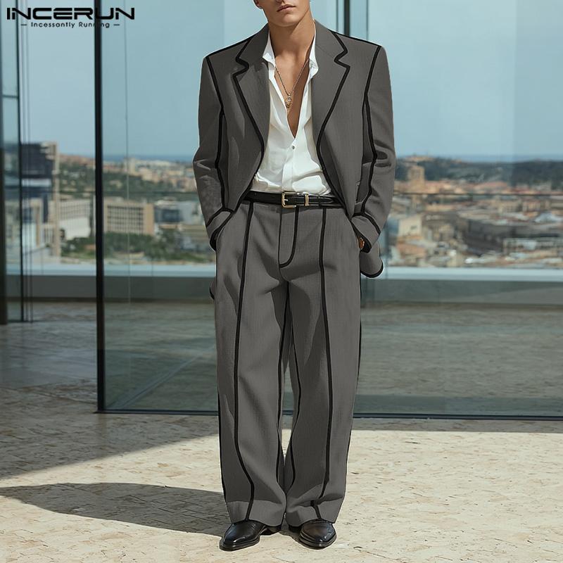 INCERUN 2PCS Men Thin Open Front Blazer Long Suit Pants Two Piece Suit Casual Outfits Sets
