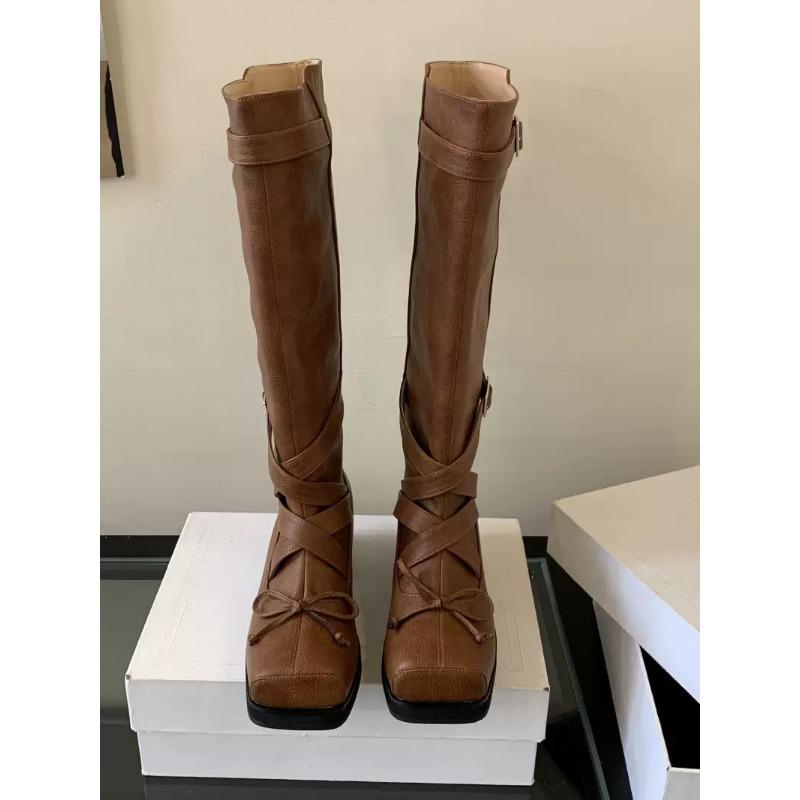 Calf High Square Head Ballet Flat Heel Long Boot Women'S Knight Boot Leather Version Over Knee Fashion Boot Rubber Sole