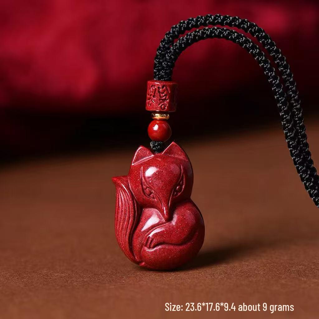 Cinnabar Zisha Red Nine-Tailed Fox Pendant Necklace & Keychain Charm