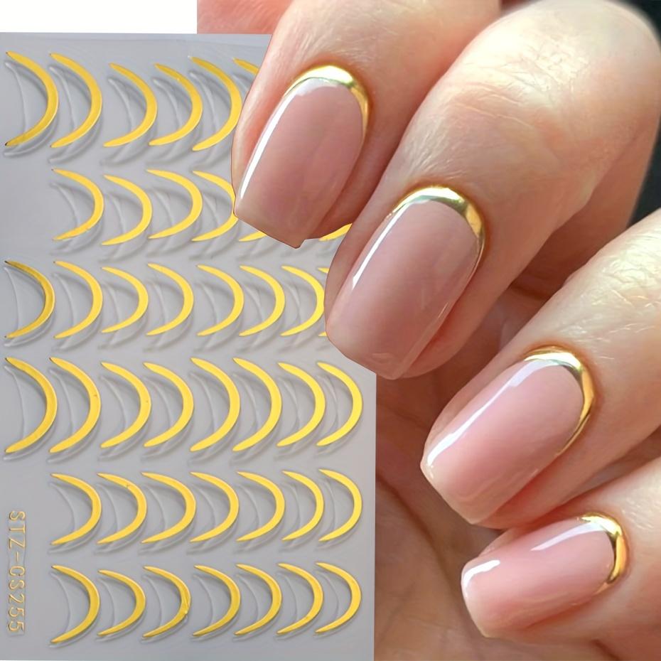 3D Simple French Tips Nail Stickers Sliver Gold Metal Stripe Line Decals Curve Nails Art Sliders Manicure Decor