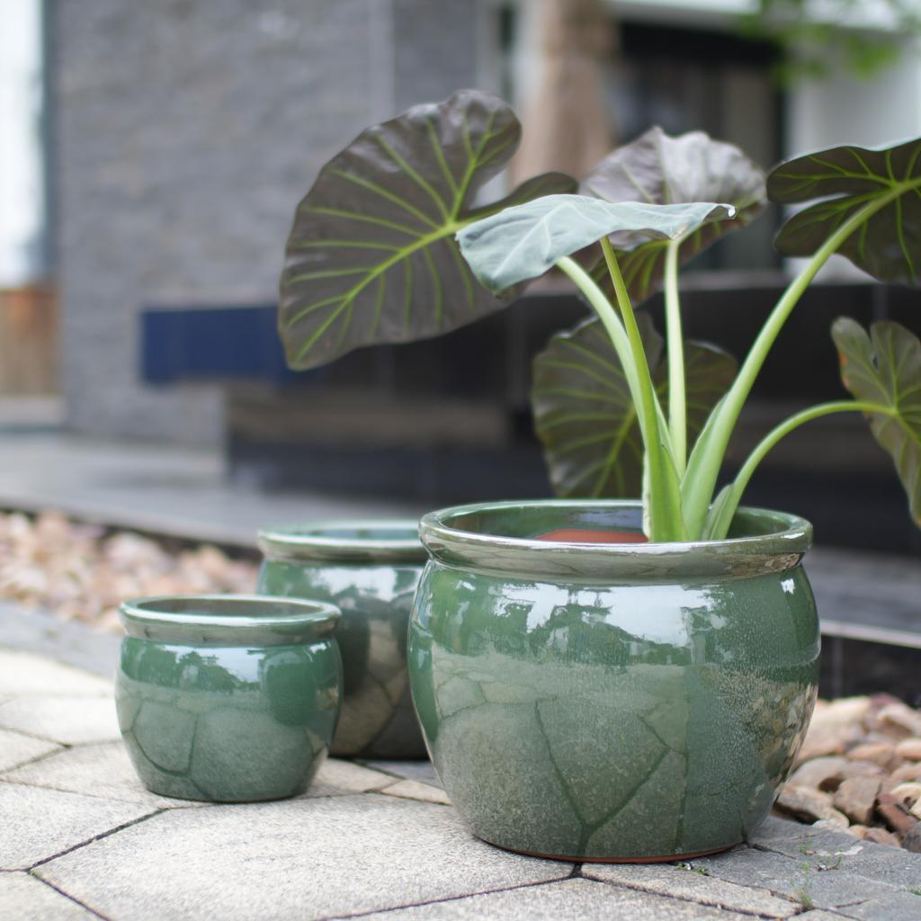 Handmade ceramic plant pot set, 3-piece (Ø 37/30/23 cm), glossy antique blue-green with speckled glaze, frost-resistant, with drainage holes