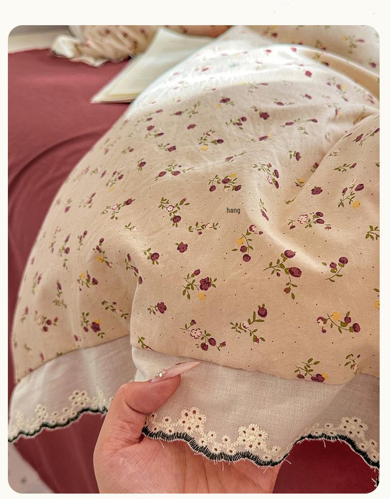 Spring/Summer Washed Cotton Lace 4-Piece Set - Retro French Princess Style for Student Dormitories