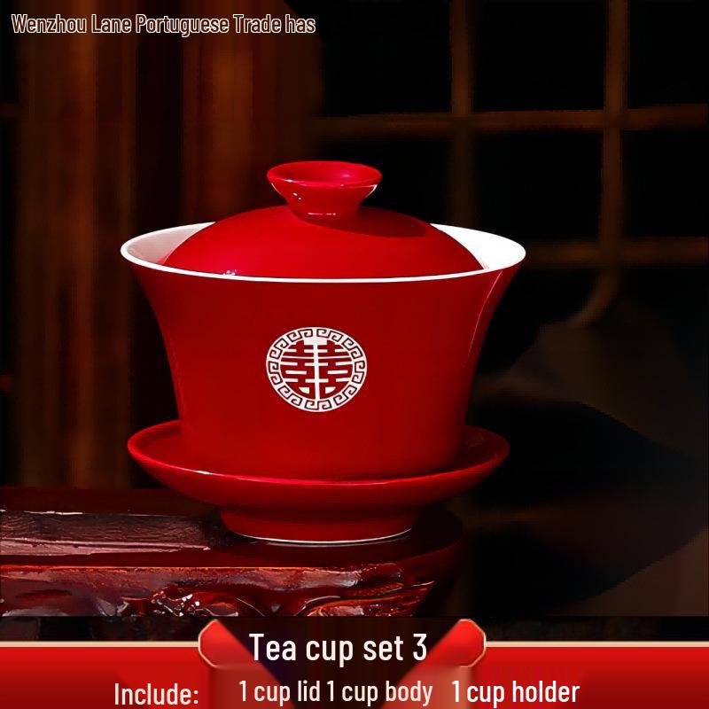 Red Wedding Tea Set: Gaiwan, Chopsticks, and Happy Bowls for Sons and Grandsons