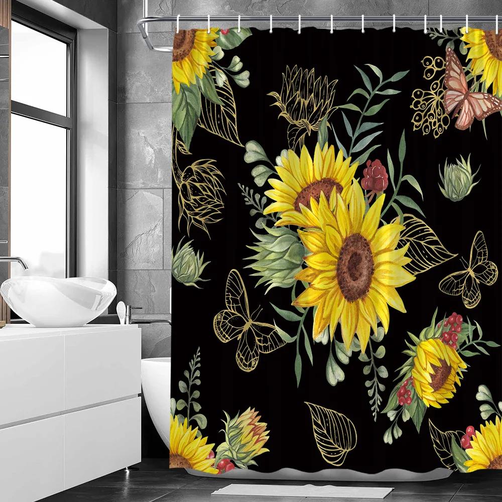 Yellow Sunflower Shower Curtain Summer Floral Fabric Decorative Bathroom Hanging Curtains Autumn Rustic Botanical Bathroom Decor