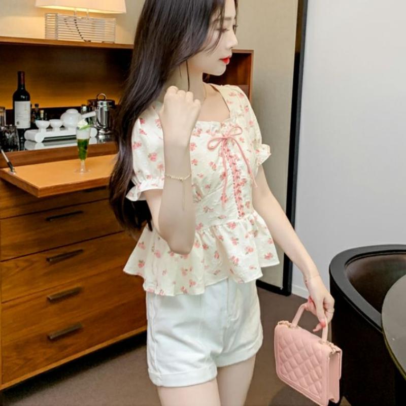 Fashionable and Versatile Bubble Sleeve Ladies' Tops Summer Shredded Ties Slim and Thin Ruffled Edge Shirts