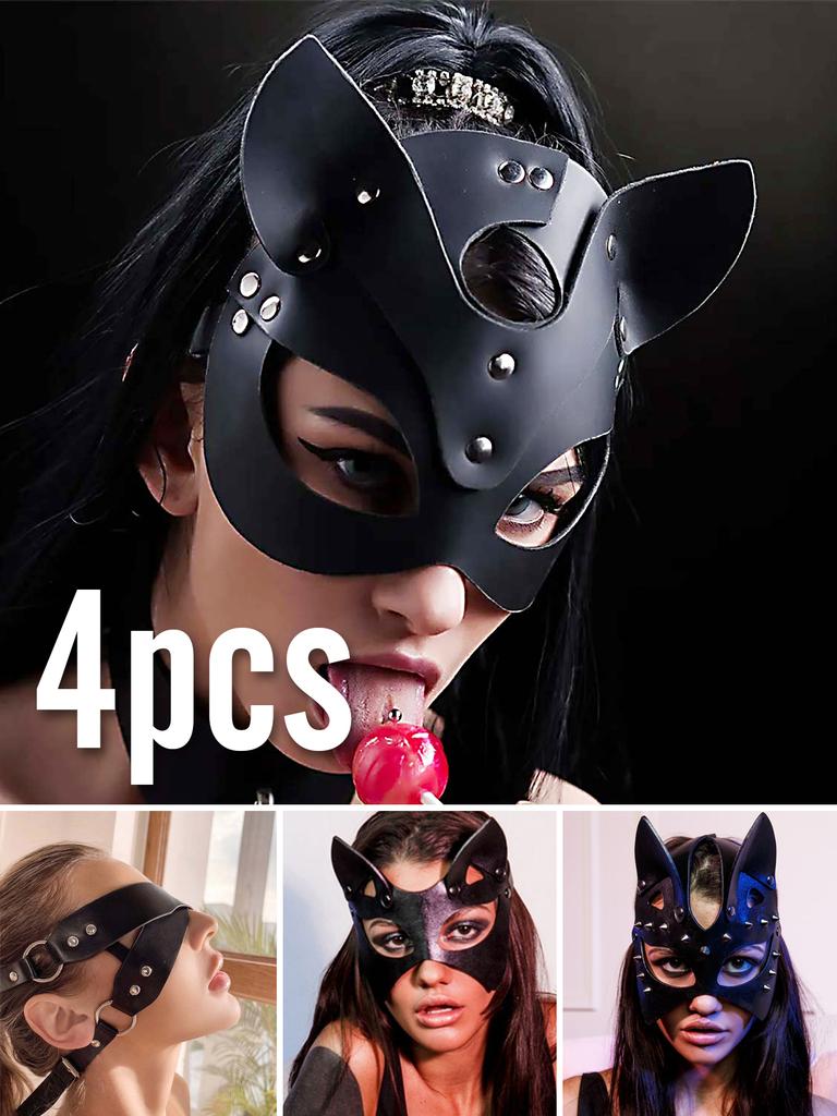 Masque de Chat en Cuir 4 Pièces Accessoire de Costume d'Halloween Fête Cosplay pour Femmes