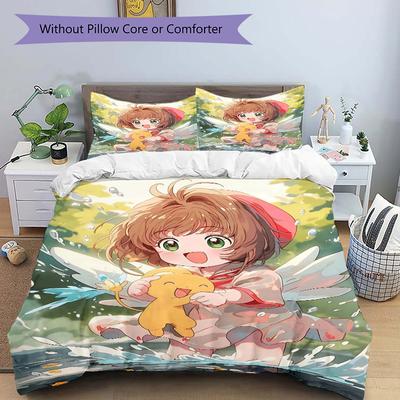 3pcs Anime Sakura and the Elf Printed Quilt Set - Soft and Comfortable Quilt Cover for Bedroom, Guest Room and Dormitory Decorative Bedding