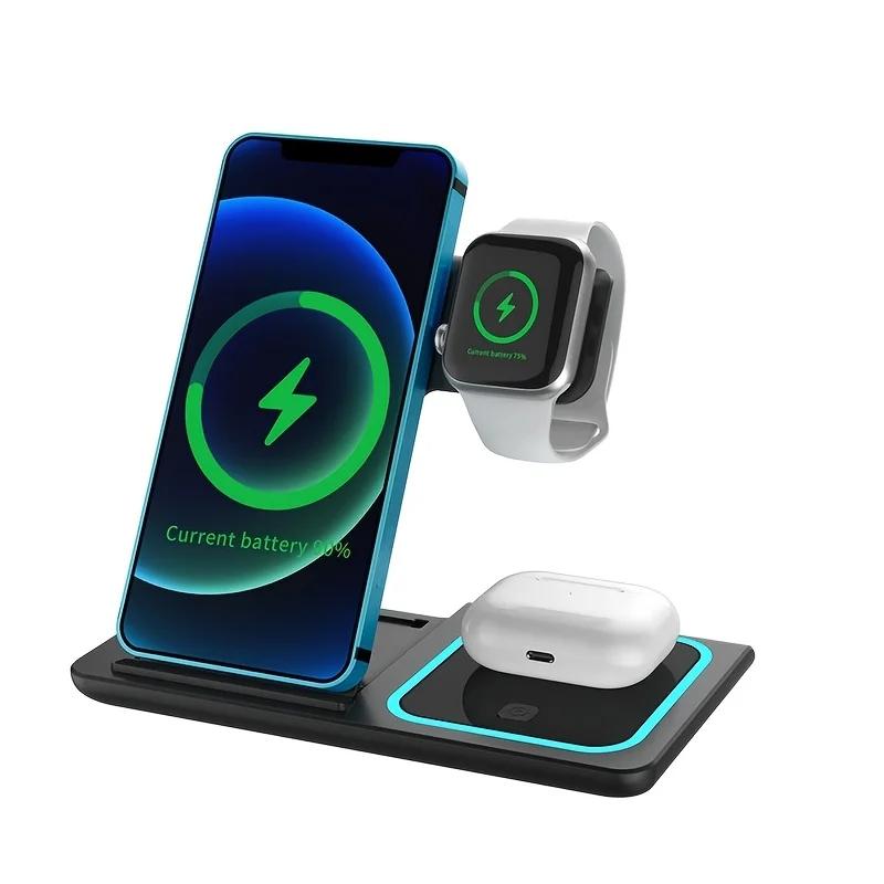 30W LED Fast Wireless Charger 3 In 1 Foldable Charging Station For iPhone 16 15 14 13 12 11  Watch 9 8 7 6 5 Airpods Pro/3