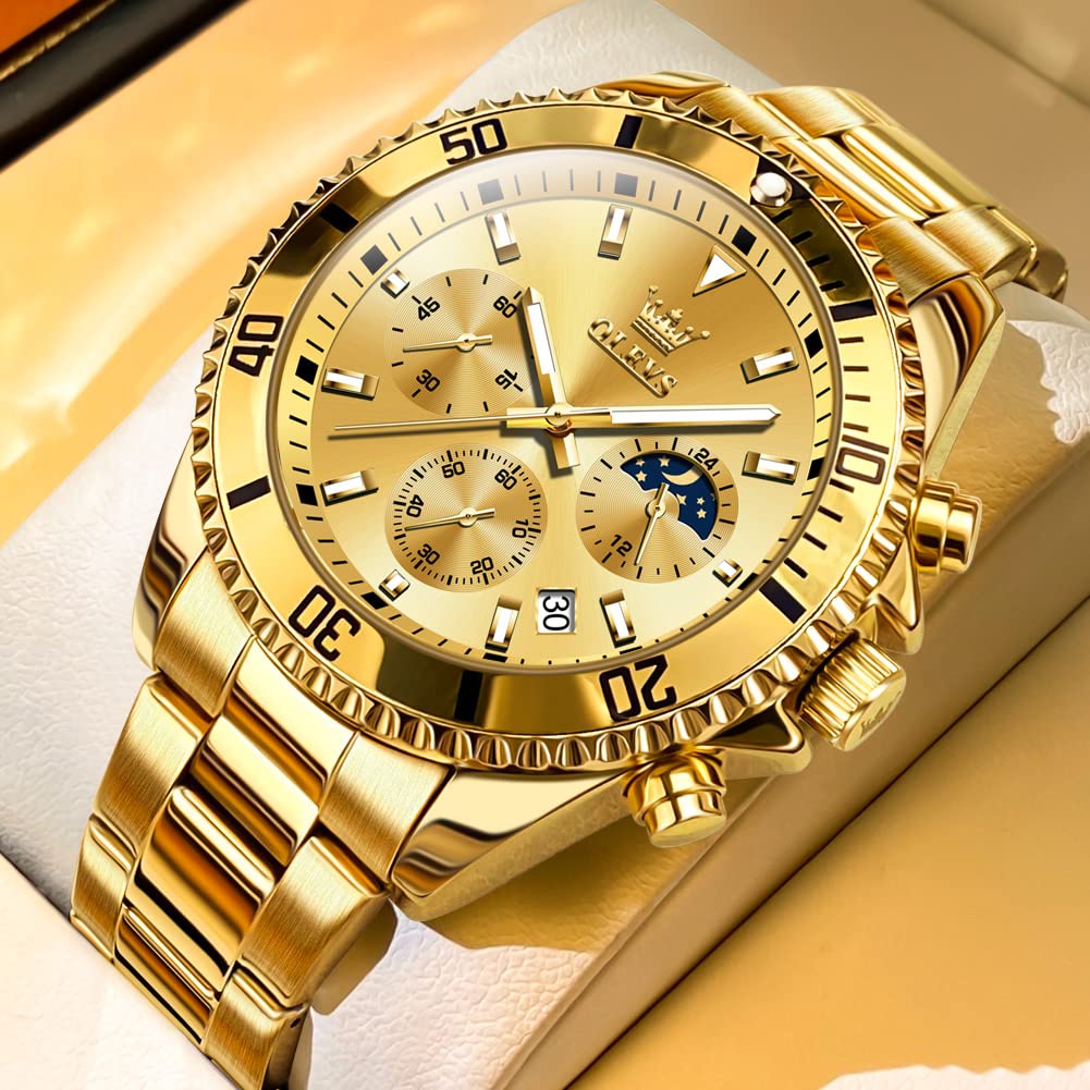 OLEVS Quartz Stainless Steel 30M Water Large Gold Date Unidirectional Rotating Bezel Men's Watch, Band, Resistant, Dial, Analog, Display,