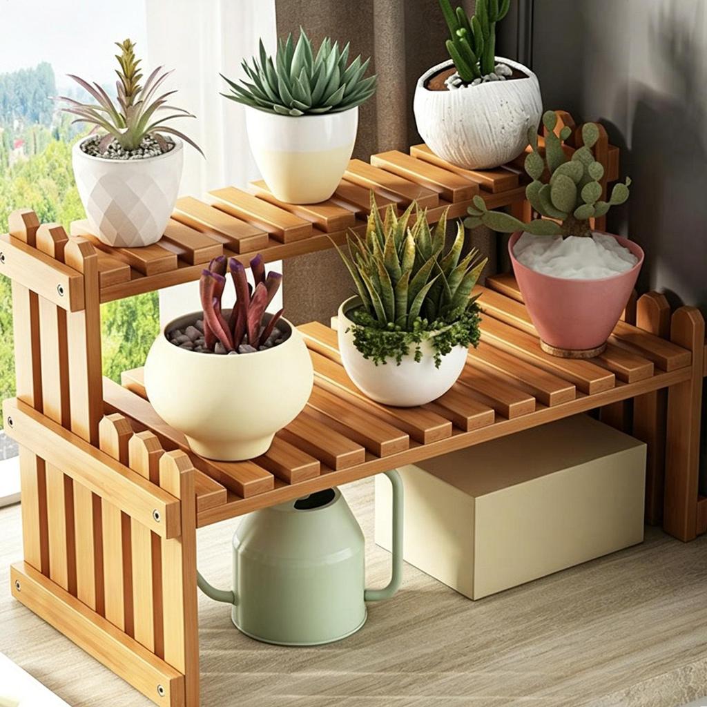 Plants Holder 2-Tier Pot Wooden Organizer desktop Flower Storage Rack Display Shelves for Indoor Balcony Office Garden Home
