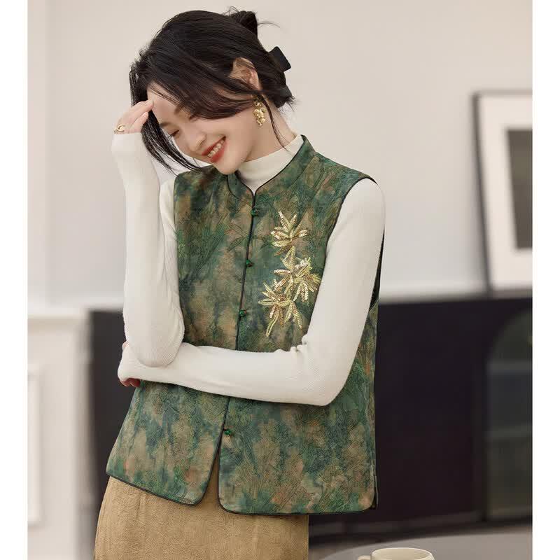 Women s Chinese Style Floral Sequin Vest Jacket L