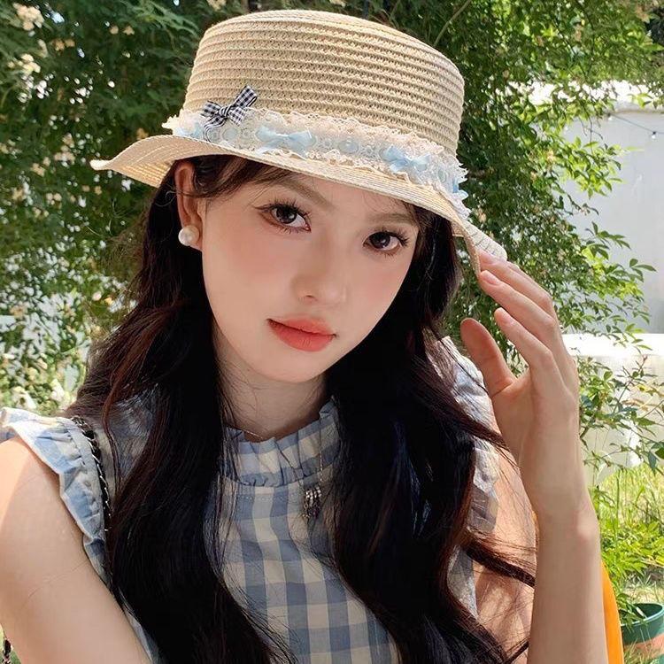 Bow Summer Lace Hat Beach Straw Hat Beach Hat Brim Sun Protection Vacation Sun Hat Sun Hat