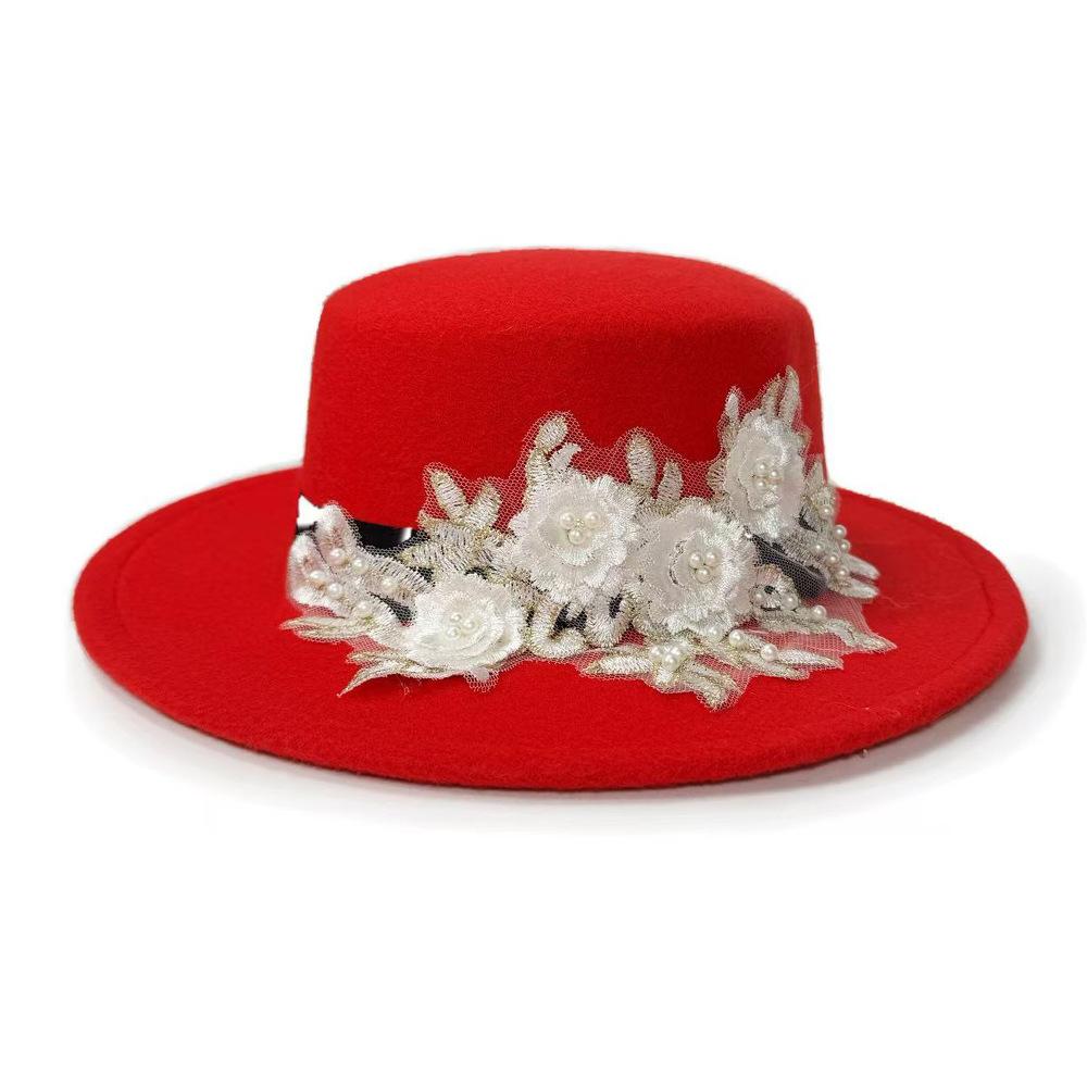 Winter Autumn Elegant Fedora Hat for Men Women Woolen Felt Hats with Embroidered Pearl Flower Wide Brimmed Top Jazz Hats