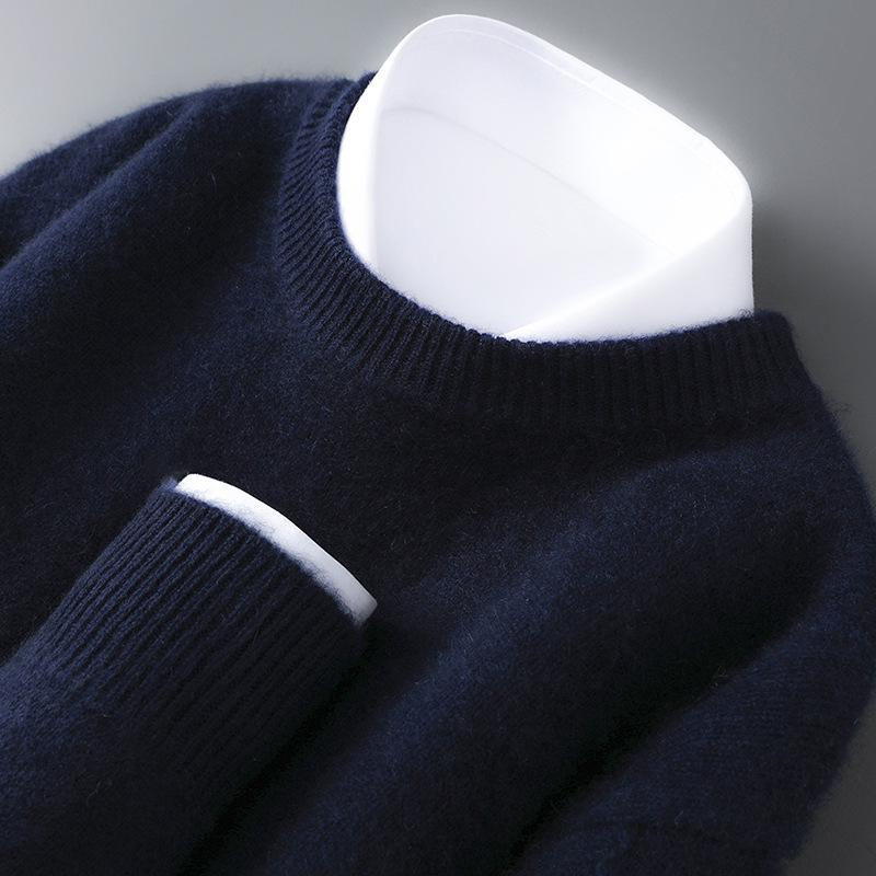 Herren Pullover aus reiner Wolle, schwer, Rundhalsausschnitt, lockere Passform, warm, einfarbig, ideale Basisschicht für Herbst/Winter.