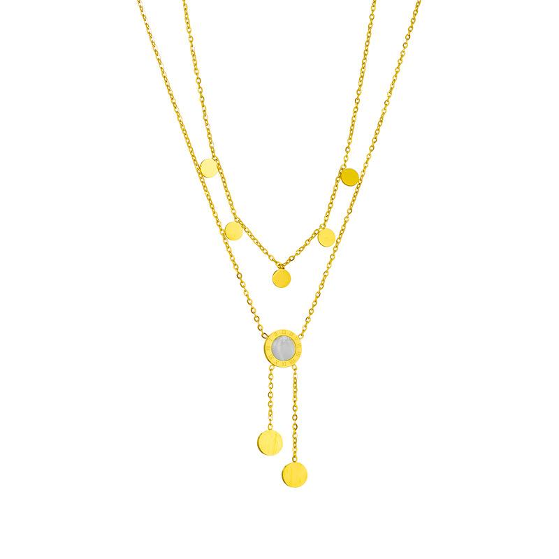 Gold Plated Double Layer Lariat Necklace with Disc and Clear Stone Charms Fashion Jewelry for Women